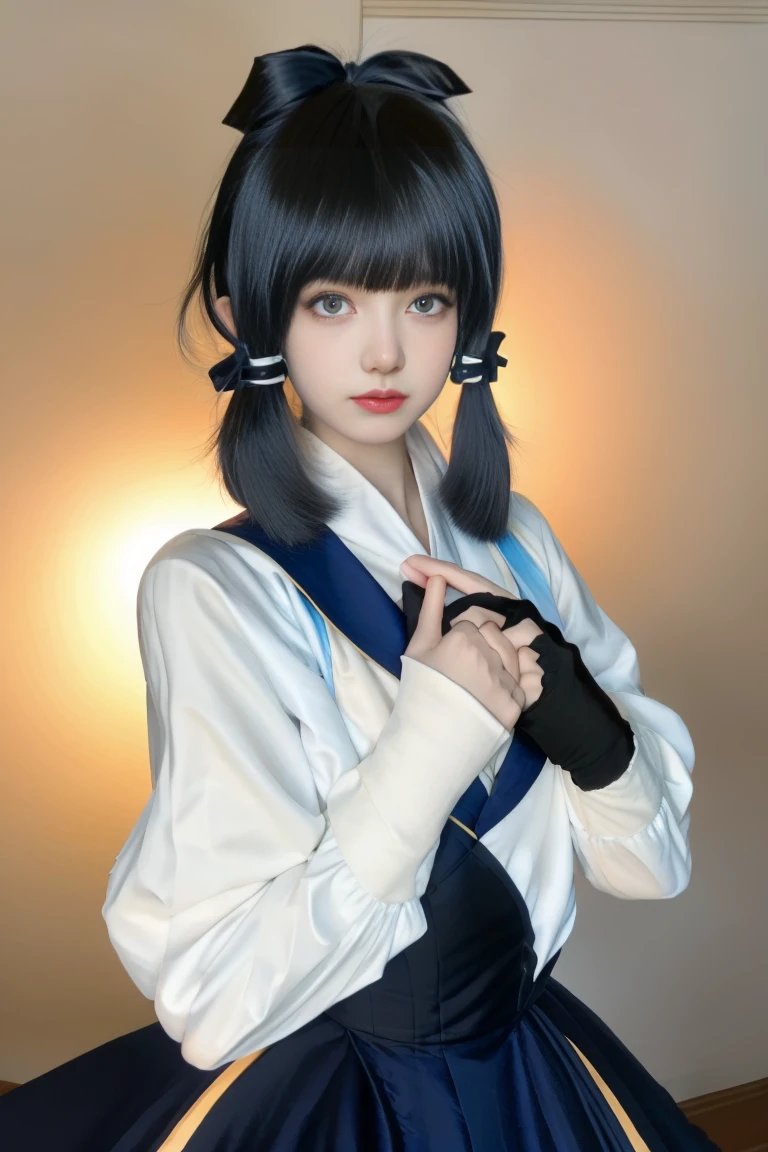 create a 1800s, badass blasian mixed girl with very long and messy black hair and blue eyes in a cool assassin outfit with a rifle and katana. give her two ponytails and bangs; anime art style