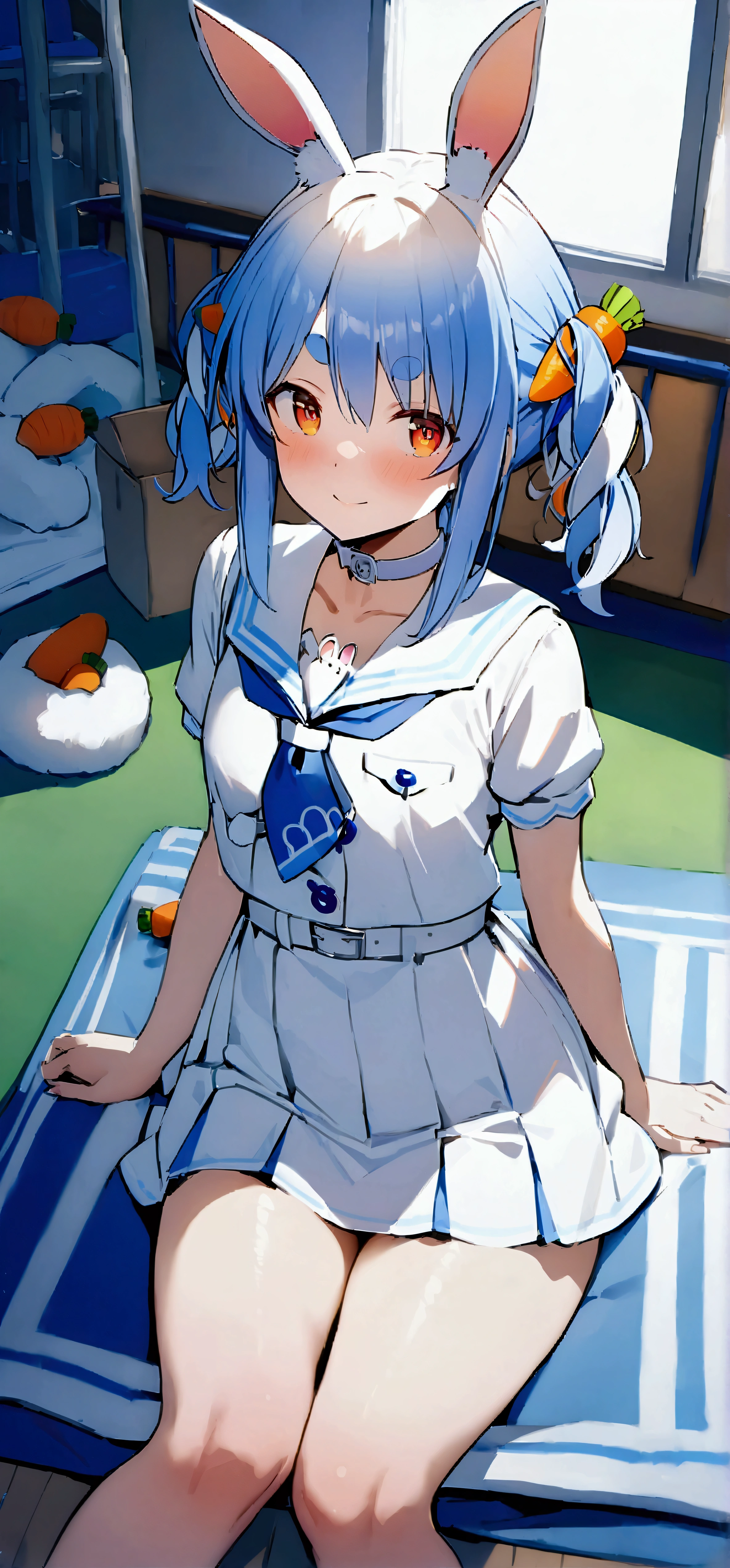 NSFW,masterpiece,Best Quality,High resolution,Very detailed,One girl,Usada Pekora\(Ho****ve\),Orange Eyes、Thick eyebrows、Bunny ears、Blue Hair、Short Hair、Two Side Up、Hair Clip、White choker、Sailor suit、Short dress、Short sleeve、Blue neckerchief、White belt,School,sports warehouse,mat,Small space