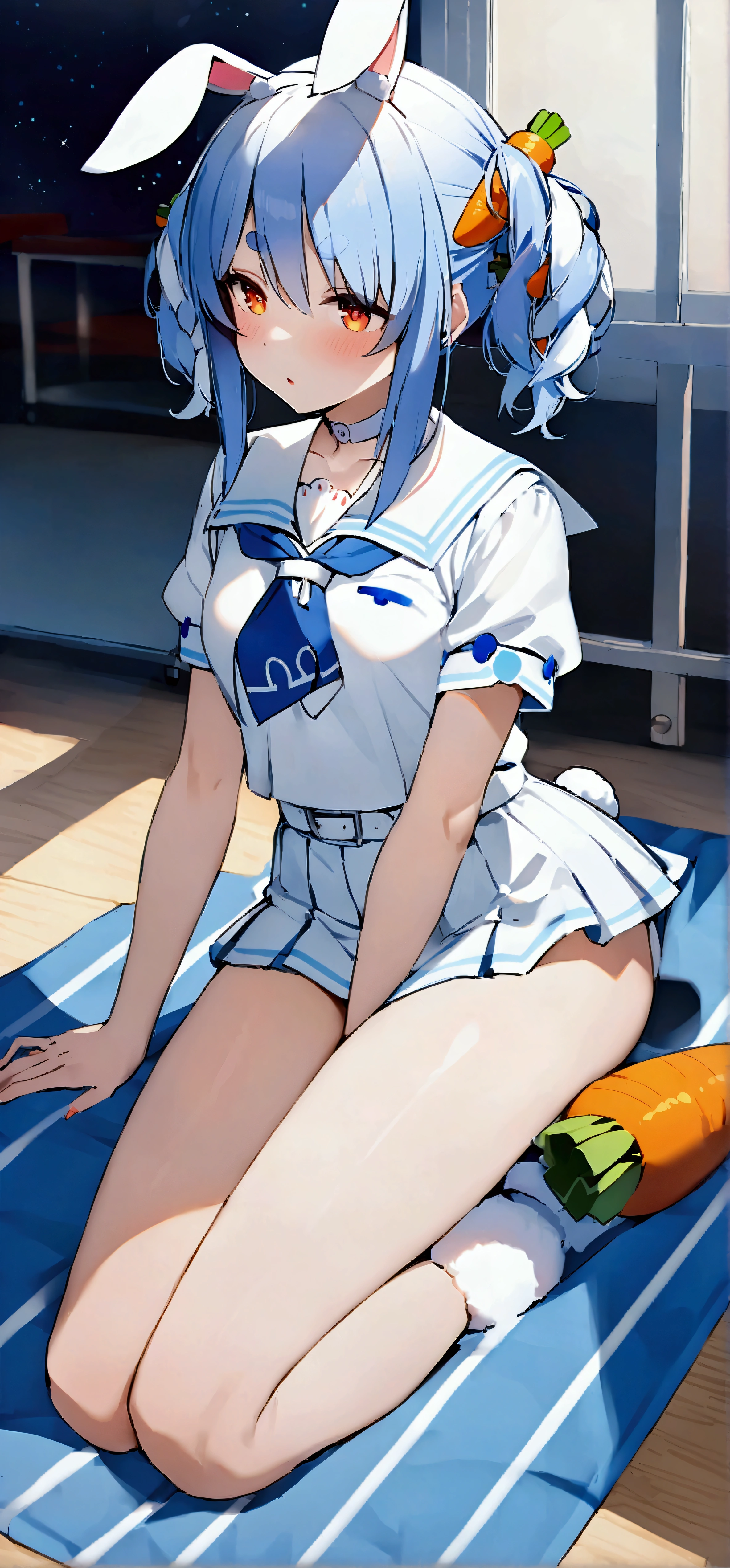 NSFW,masterpiece,Best Quality,High resolution,Very detailed,One girl,Usada Pekora\(Ho****ve\),Orange Eyes、Thick eyebrows、Bunny ears、Blue Hair、Short Hair、Two Side Up、Hair Clip、White choker、Sailor suit、Short dress、Short sleeve、Blue neckerchief、White belt,School,sports warehouse,mat,Small space