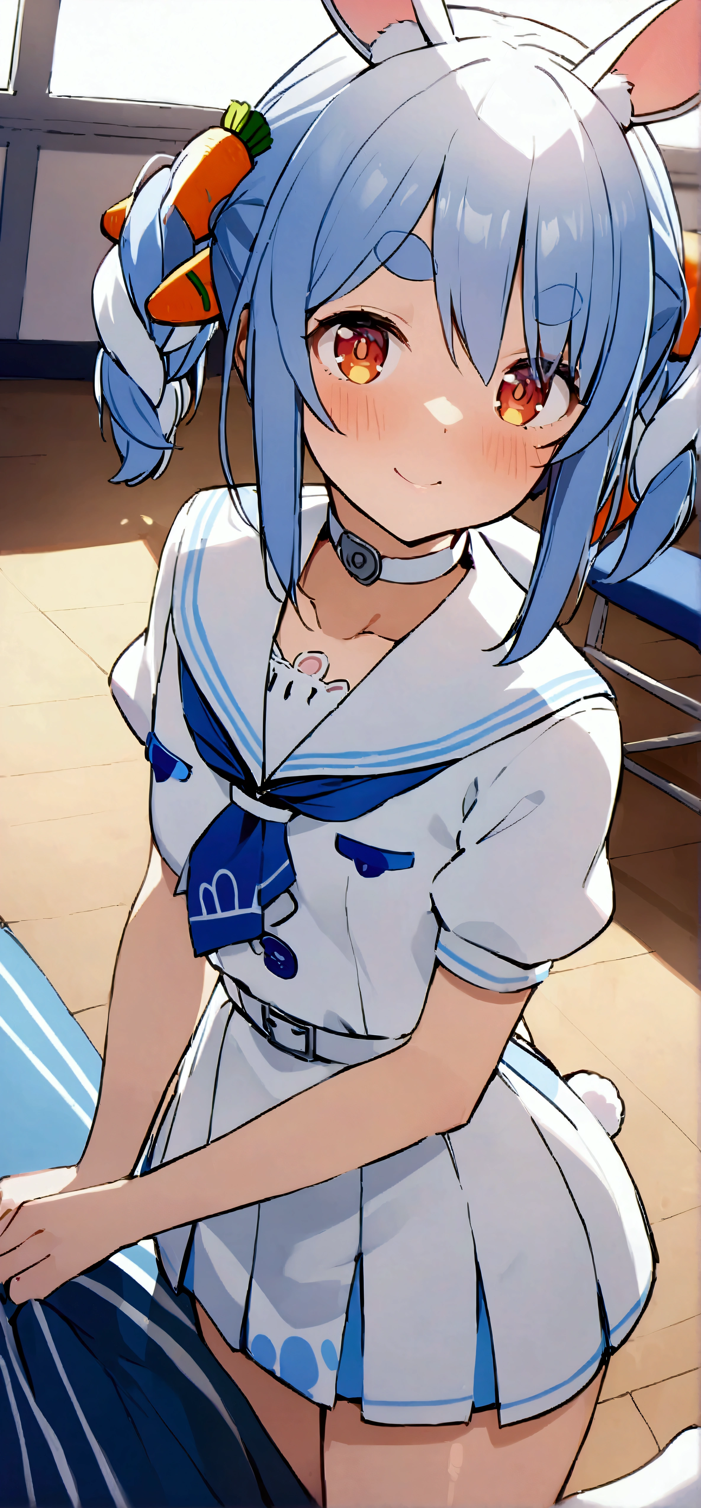 NSFW,masterpiece,Best Quality,High resolution,Very detailed,One girl,Usada Pekora\(Ho****ve\),Orange Eyes、Thick eyebrows、Bunny ears、Blue Hair、Short Hair、Two Side Up、Hair Clip、White choker、Sailor suit、Short dress、Short sleeve、Blue neckerchief、White belt,School,sports warehouse,mat,Small space