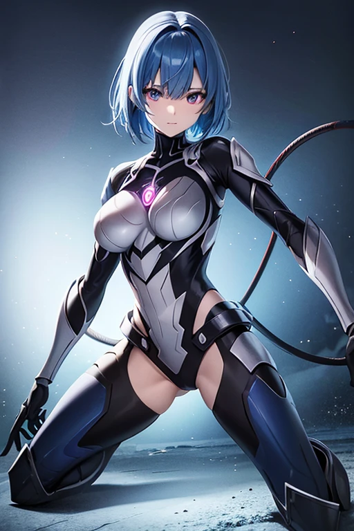 Waifu spider blue hair, with light armor, with spider eyes, with spider legs, with a whipHigh resolution, 