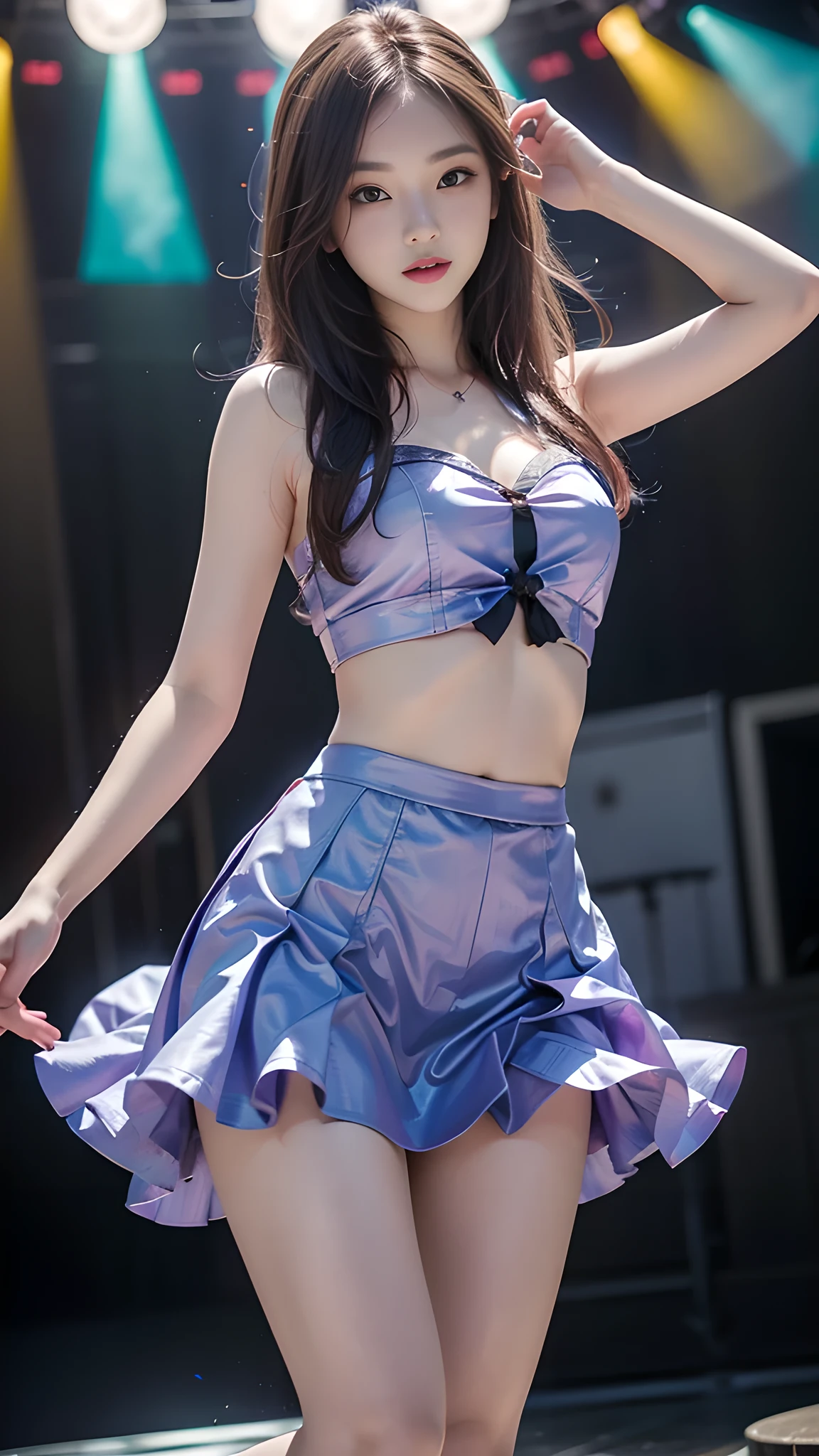 <Quality improvement prompts>
BREAK
(large_breast:1.4),(beautiful thighs:1.4),(midriff-baring:1.5),1girl,(21yo,idol,Cute perform on stage:1.2),
<Other character appearance prompts>
(kimono style armband,japanese style tie,silk vest,check pleated skirt,frilled dress shirts,short sleeve,high school uniform:1.5),floral pattern hair band,red,blue
BREAK,
(white over-knee-socks:1.15),(zettai ryouiki:1.3),
BREAK, ((highest quality、8K、masterpiece:1.3))、sharp focus:1.2、(genuine、photogenuineistic:1.37)、(shining smile:1.5)、beautiful face woman、28 years old、pointed chest、long eyelashes、colored contact lenses、big breasts 、delicate、very fine eyes、highly detailed eyebrows、(sharp eyebrows)、(thin eyebrows).highly detailed face、(((beautiful feet:1.3)))、((beautiful breasts:1.3)、(brunette tousled hair)、(28 years old女性:1.2)、(Korean)、
<expression、illumination、background、Other prompts>(idol stage:1.3)