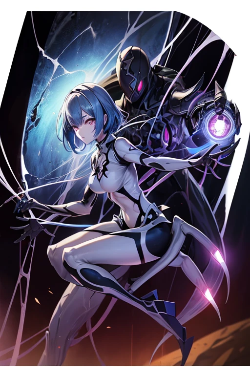 Waifu spider blue hair, with light armor, with spider eyes, with spider legs, with a whipHigh resolution, 