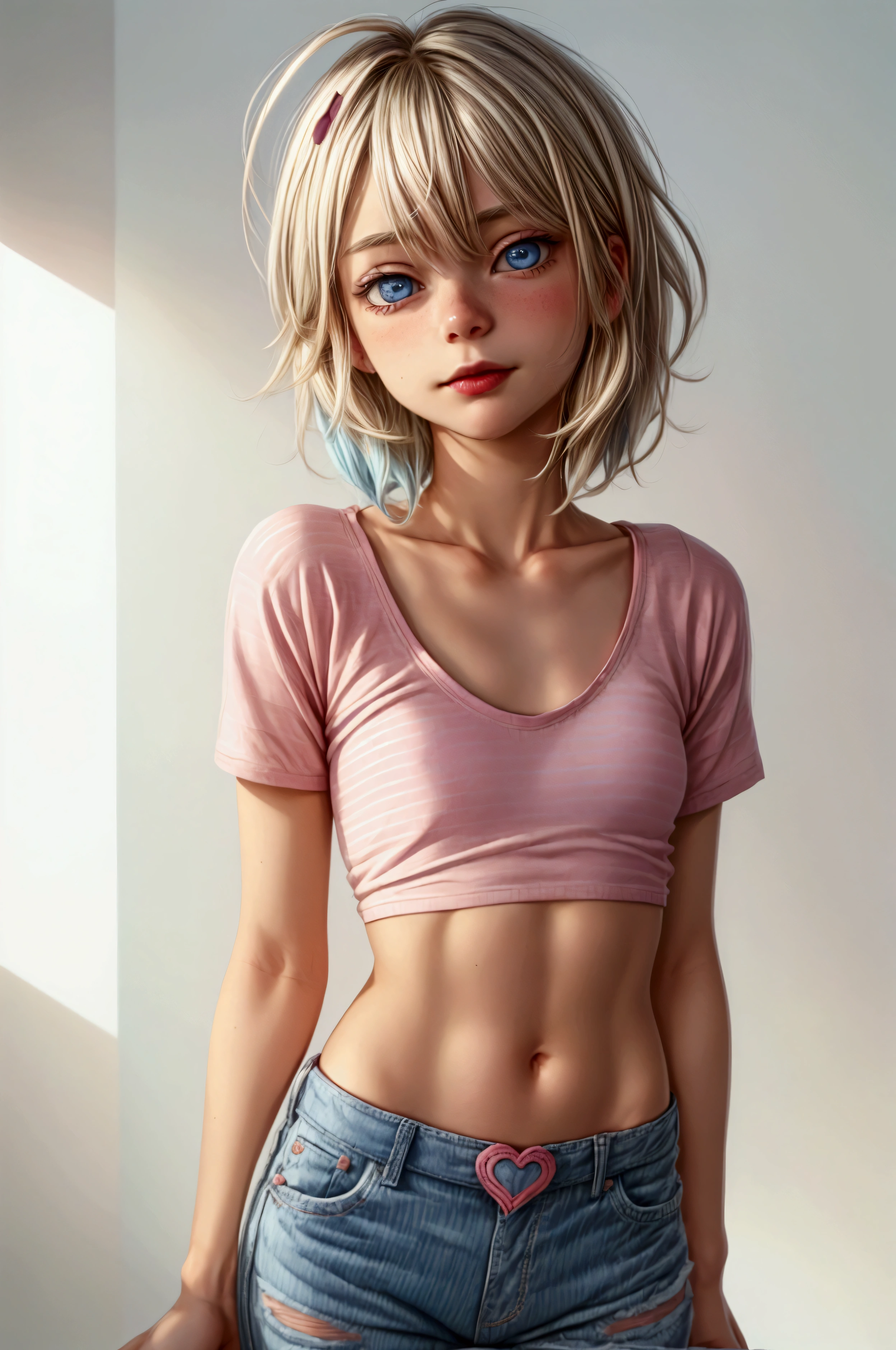 Anime style, Highres, Masterpiece, Best quality at best, Best Quality, hight quality, hight detailed, 1boy, (), blonde boy, boy face, boy body, cute boy, femboy, detailed light blue eyes, short hair, messy hair, bangs, pastel rainbow inner hair color mesh, shy smile, boy flirty posing, wears a pink and white striped wears a pink and white striped short sleeve cropped T-shirt, (no breast), bare arms, smooth tummy, dark blue denim high waist skinny jeans, (pink hearts embroidered on jeans), (belted jeans), pink glitter belt, (tiny bulge on jeans), boy body, Standing, sunny afternoon at park, highest quality,