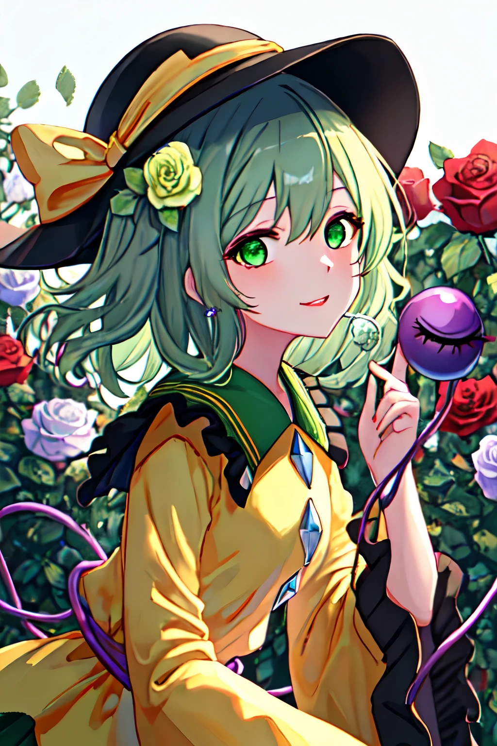 Best Quality, masterpiece, High resolution, Alone, {komeiji_koishi_East:1.15}, 三番eye_eye, hin, green_eyes, black_hat, short_hair, green_hair, ribbon smile, bow, upper_body, heart, 前hair, hin_ribbonhin_bow, hair_between_eyes, One girl, green_flower, green_rose, flower, Frills, holding, Looking for_in_Viewers, rose, shirt, yellow_shirt, Frillsの_shirt_collar, Frillsの_sleeve, yellow_bow, length_sleeve, wide_sleeve, blouse, hand_up, Breaking up_lips