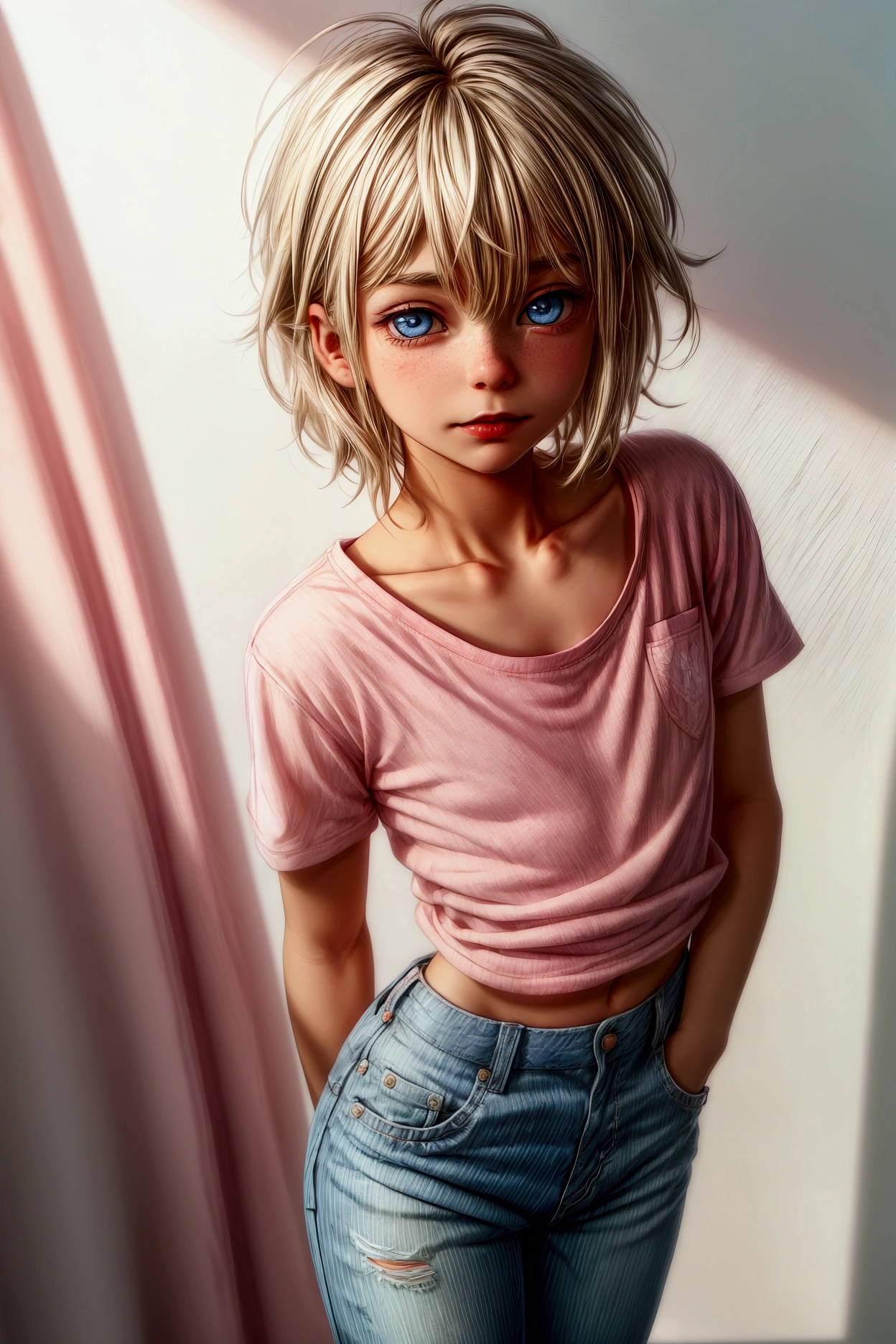 Anime style, Highres, Masterpiece, Best quality at best, Best Quality, hight quality, hight detailed, 1boy, (little boy), blonde boy, boy face, boy body, cute boy, femboy, detailed light blue eyes, short hair, messy hair, bangs, pastel rainbow inner hair color mesh, shy smile, boy flirty posing, wears a pink and white striped wears a pink and white striped short sleeve cropped T-shirt, (no breast), bare arms, smooth tummy, dark blue denim high waist skinny jeans, (pink hearts embroidered on jeans), (belted jeans), pink glitter belt, (tiny bulge on jeans), boy body, Standing, sunny afternoon at park, highest quality,