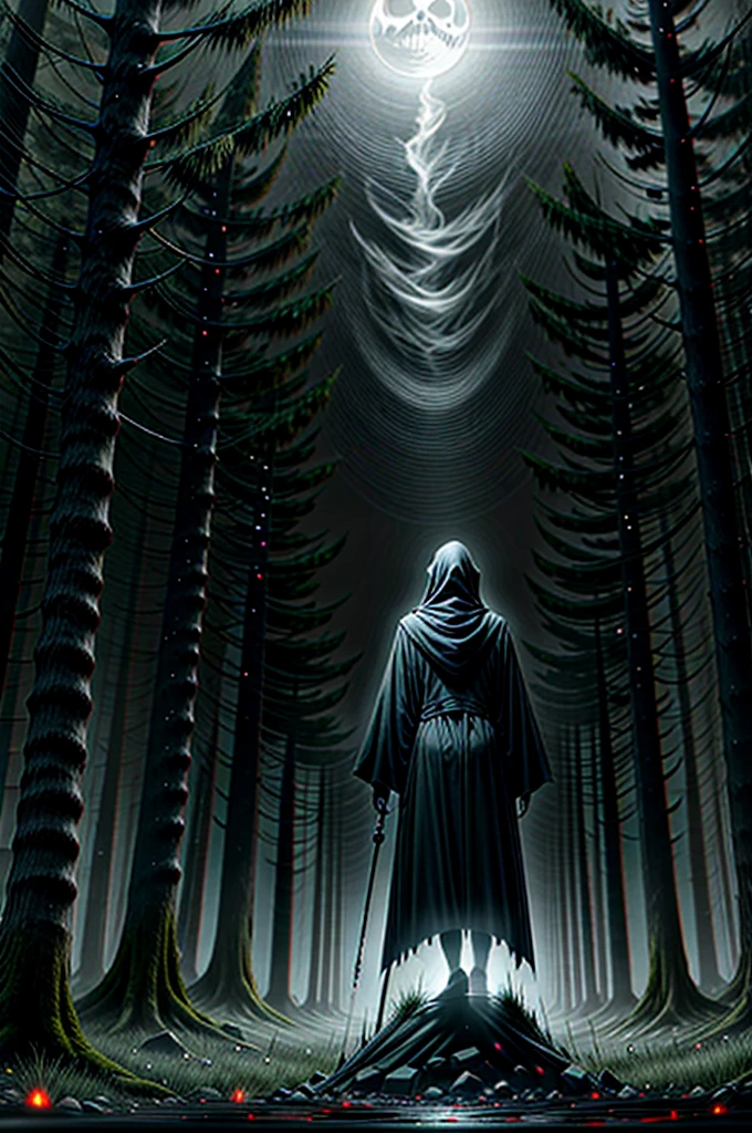 A tall, ominous Grim Reaper standing in a dark, foggy graveyard. The figure is cloaked in a tattered, black robe that flows in the wind, with only its skeletal hands and glowing eyes visible beneath the hood. It holds a massive, menacing scythe with a gleaming blade, the handle worn and ancient. The background is filled with twisted trees, gravestones, and a pale, eerie moon glowing through the fog, casting a ghostly light. The overall atmosphere is dark, mysterious, and filled with an unsettling sense of dread.