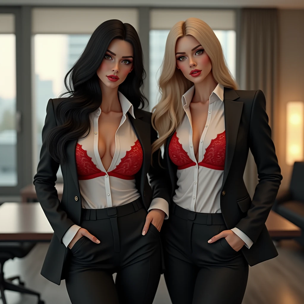 2girls, woman in red dress, woman in business suit, cleavage, lesbian