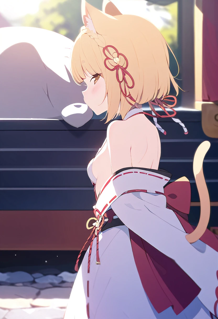 Viewer discretion advised、Masterpiece、One 、Shrine maiden costume、Skin-friendly clothes、shrine、Cat ears and tail、Cute single tusk、Very small breasts、Yellow Hair、Braided short bob、One fat man、A man and a girl are kissing、A distant view、A view that allows you to see the whole body