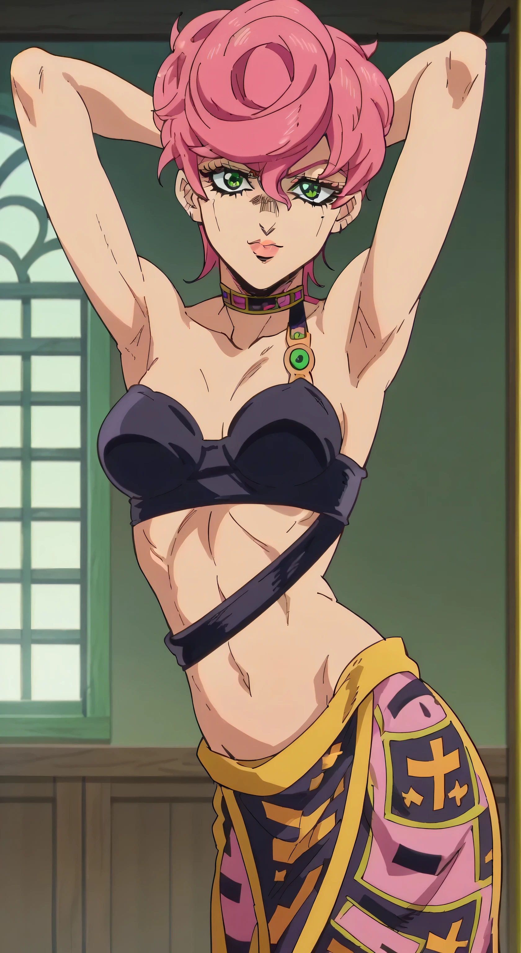 score_9, score_8_up, score_7_up, source_anime, 2d, Sylvie, 1girl, pink hair, short hair, green eyes, rabbit ears, very small breasts, golden jewelry, green ornament, anime coloring, anime screencap, detailed eyes, zPDXL, perfect faces, rating_questionable, pelvic veil, white robe, pointing down, smile, wink, lifting clothes, lifting pelvic veil, pointing at crotch, lower body, pickle between thighs, one arm behind back,