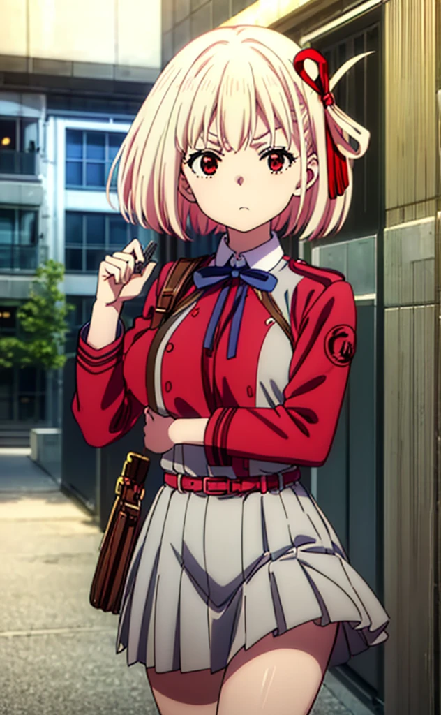 (masterpiece), (Best quality), (Very detailed), (high resolution), (8Khighres), (cel anime), (detailed beautiful face and eyes), (textile shading), (cowboy shot), chisato nishikigi, short hair, bangs, blonde hair, (red eyes:1.5), hair ribbon, one side up, bob cut, shirt, long sleeves, dress, ribbon, white shirt, collared shirt, belt, neck ribbon, red dress, blue ribbon, pleated dress, grey dress, two-tone dress, red belt, lycoris uniform, beautiful breasts, Serious expression, one eye closed, Aiming a gun, night, city,