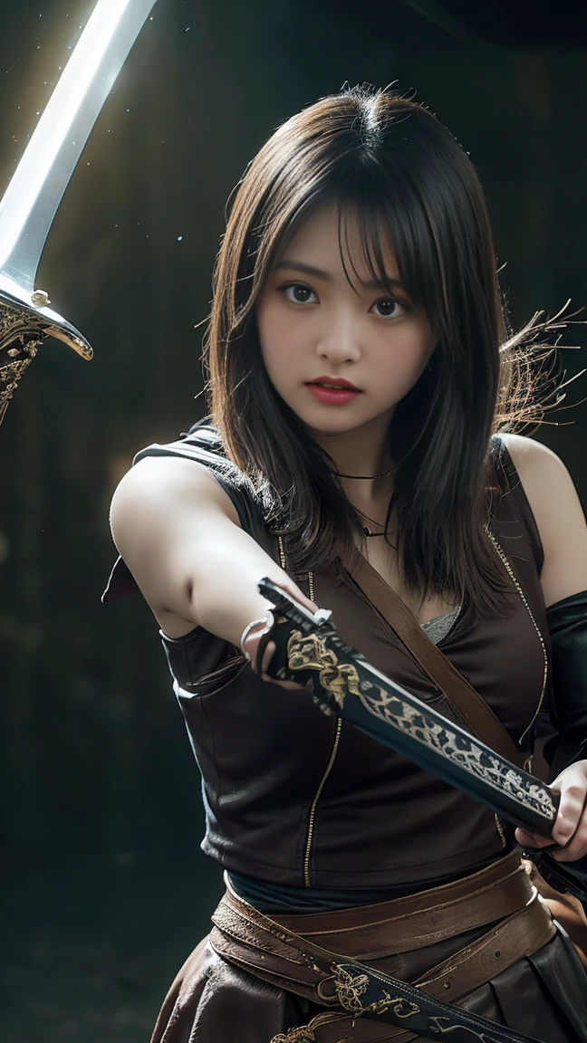 ((best quality,8k, masterpiece)),((highly detailed)),((anatomically correct)),((sharp image)), a girl,wearing sweatshirt, open jacket, pants, holding a sword in battle pose, --auto --s2