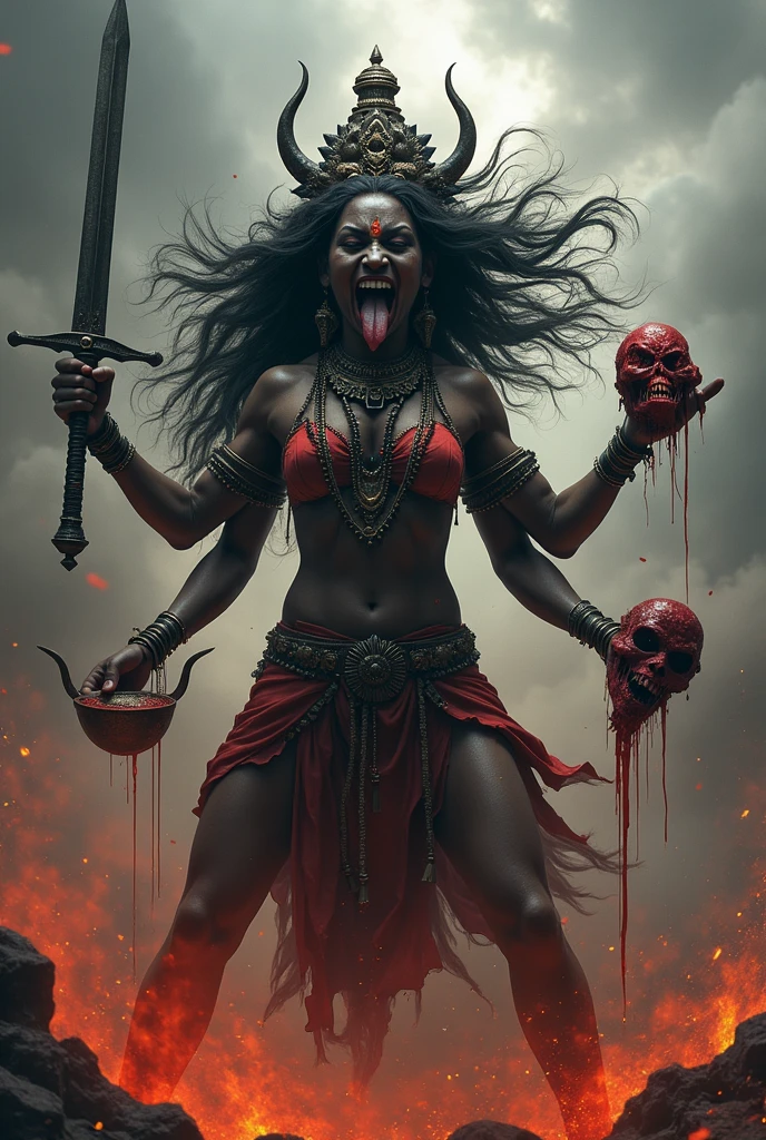 Chinnamasta :
- A fierce goddess with a self-decapitated body, holding her own head in one hand. She is surrounded by a stream of blood, symbolizing self-sacrifice and transcendence. The background can depict a dynamic and intense setting.