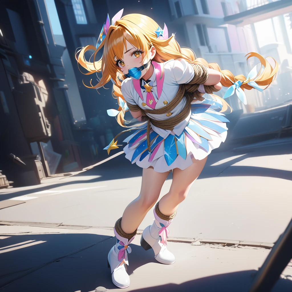 1girl,cure cosmo,star twinkle precure,kidnapped, rope bondage, full body, gagged, ballgag, rope, hands behind back,tie white boots, masterpiece, highly aesthetic, photorealistic, 8k, ultra-detailed, cinematic lighting, dramatic shadows, intricate details, vibrant colors, sensitive pose