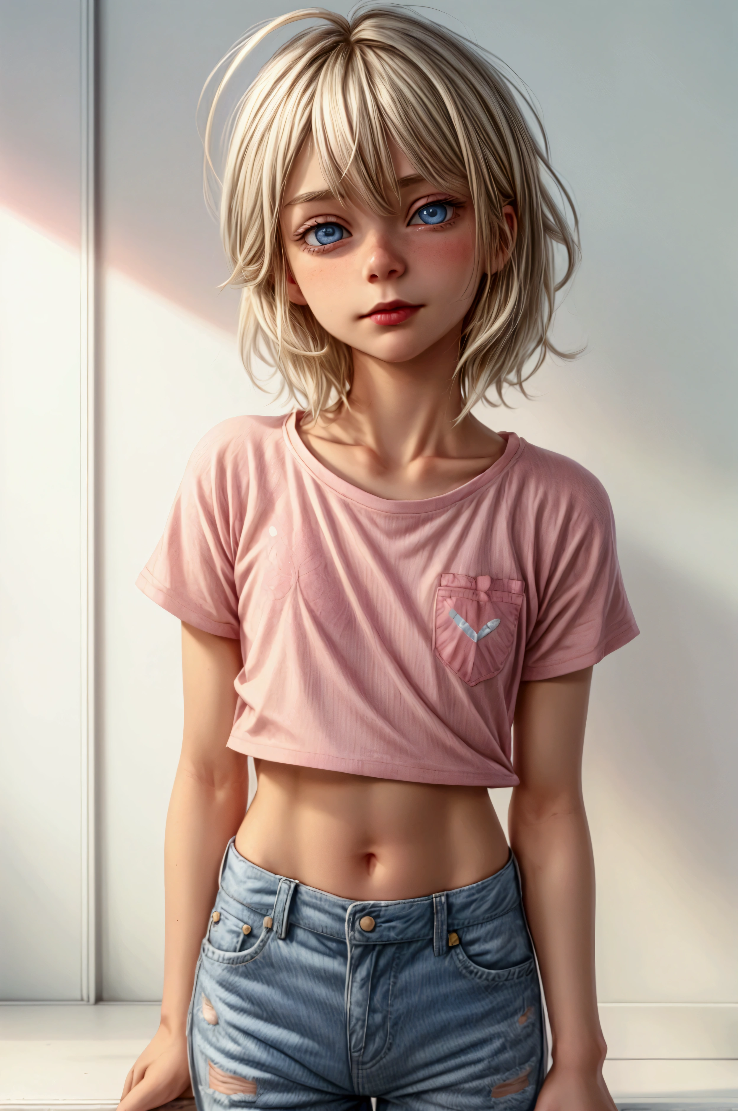 Anime style, Highres, Masterpiece, Best quality at best, Best Quality, hight quality, hight detailed, 1boy, (**********), blonde boy, boy face, boy body, cute boy, femboy, detailed light blue eyes, short hair, messy hair, bangs, pastel rainbow inner hair color mesh, shy smile, boy flirty posing, wears a pink and white striped wears a pink and white striped short sleeve cropped T-shirt, (no breast), bare arms, smooth tummy, dark blue denim high waist skinny jeans, (pink hearts embroidered on jeans), (belted jeans), pink glitter belt, (tiny bulge on jeans), boy body, boy waist, Standing, sunny afternoon at park, highest quality,