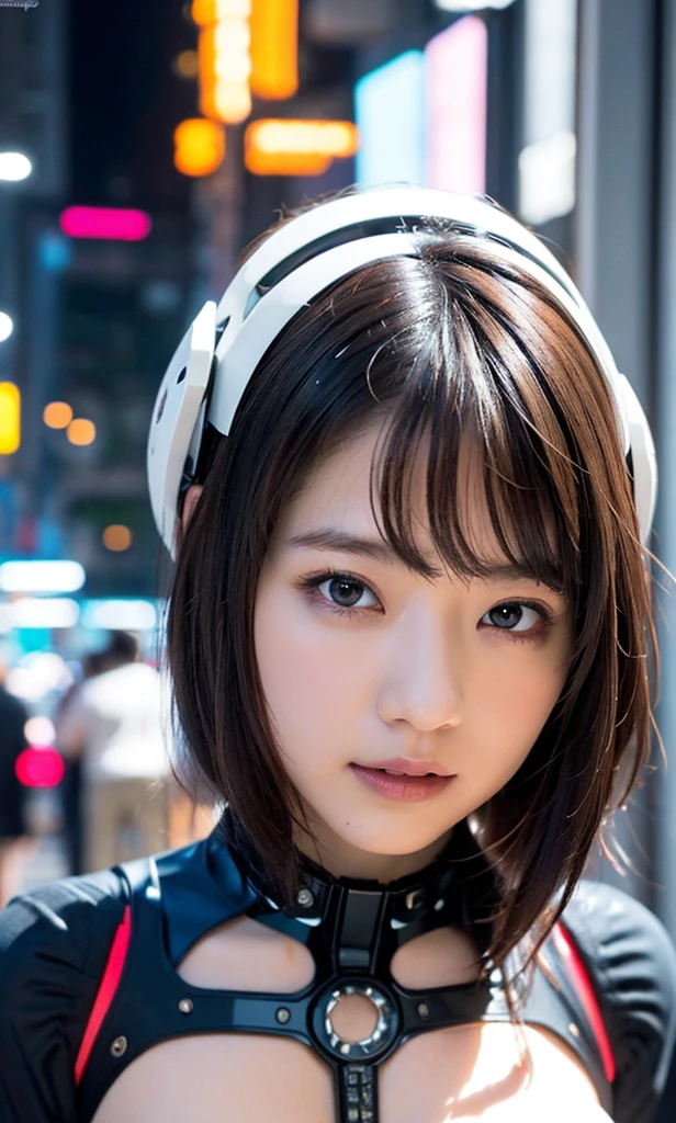 a woman covered in intricate white cybernetics, blue led lights, battle suit, cleavage, high tech, ultra high def, 32k, (Bikini Cyborg robot parts), (detailed:1.4), cyberpunk city background, rainy street, beautiful face, golden long hair, professional lighting, masterpiece, very delicate and beautiful, professional photograph, (smiling:0.5)