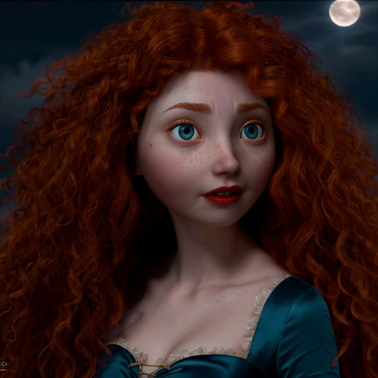 (1 teen slim Merida dressed as a witch). flying in a night sky. angry face, perfect blue crystal eyes, look at the viewer, high details, cute face, sensual, provocative, nice breasts, oiled up body, perfect pale skin, standing, perfect body, charming, seductive, red lipstick, full moon, black clothes, night