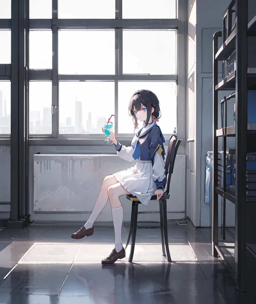 1 girl, white skin, white school uniform, black hair, blue eyes, detailed face, expressionless, sitting on a chair next to the window, the window curtains blowing in the wind, beautiful charming face exposed to sunlight, holding a drink cup, front view, vibrant color, soft sunlight, detailed face