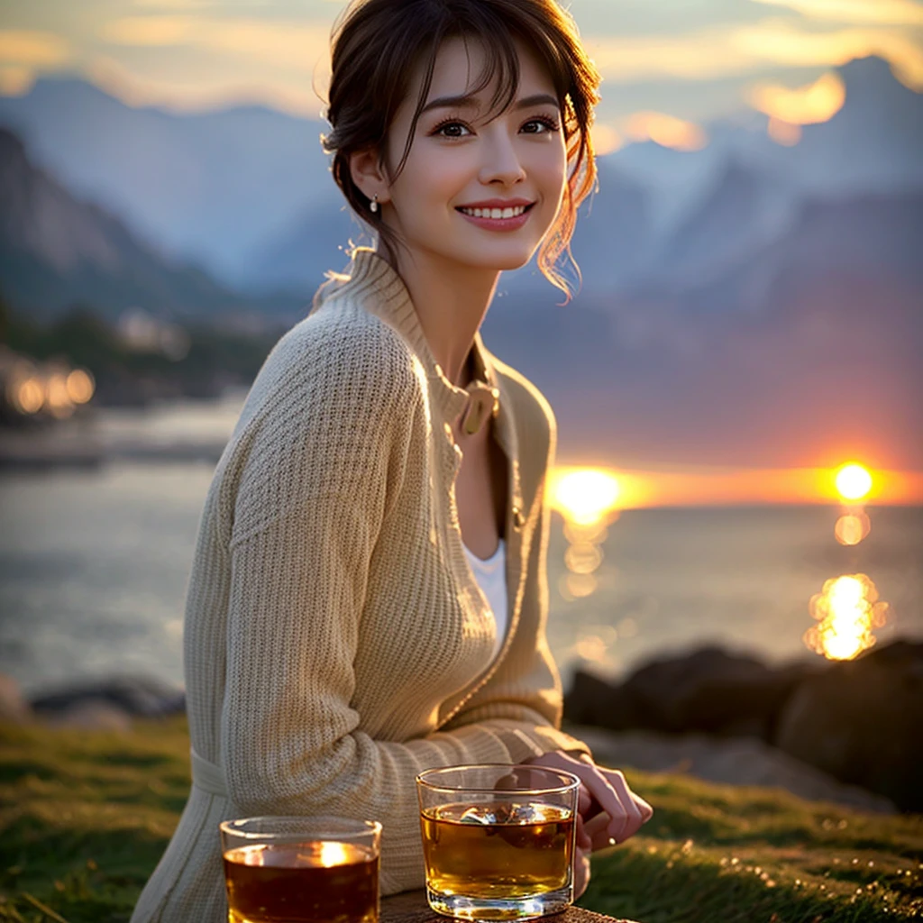 (Realistic, 超Realistic:1.4), 16K HDR, High resolution,((Whiskey Glass)),((Whiskey Bottle)),((Whiskey Glass)),Happy Smile、Short Hair,The best smile、Japanese Actress,so beautiful(It looks like the real thing),Evening Dresses,Cocktail Dresses、Whiskey Bottle、The Macallan、Johnnie Walker、、Old Parr、whiskey、Slim couple、Model Couple、(Realistic, Intricate details:1.2), Single Malt、scotch、Rocks glass、Shot Glasses、Whisky on the Rock、Scotland、Amazing view of the sunset sky and clouds、,Digital SLR camera, Soft lighting, Detailed Background, Volumetric lighting, Sharp focus, super Realistic 肌,so beautiful表現です,Cloud Effect:1.2、プロ品質のHigh resolution、Best Quality,Slim figure,Highly detailed face,Detailed eyes,Beautiful Lips,Excellent light particles,Cinema Lighting