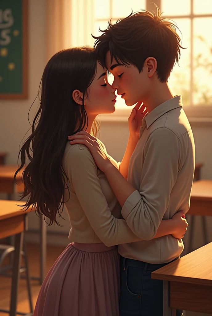 A beautiful girl fallen on a boy who was sitting on the class floor