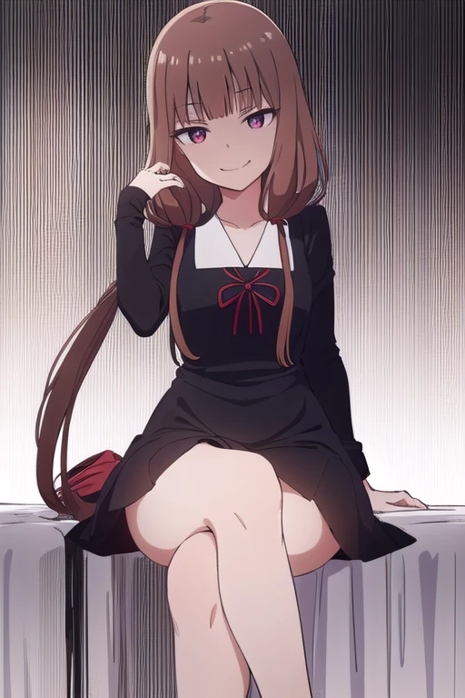 (((Iino Miko))), brawn eyes, brawn hair,miko's hair styles, low twin tail,unbuttoned black dress,sailors, red ribbon on hers neck,on the white bed,(panic face),(seductive smile:1.3),bold seductive,(masterpiece:1.2),orgasm,8k, (illustration:0.8), (beautiful detailed eyes:1.3),extremely detailed CG,open mouth, embarrassed,((extremely vulgarity)),open leg, ((Open clothes)),((heavy breathing)),thin white smoke,steam,((Sitting with legs crossed on the bed)), Looking up,(brush),bright eyes, upskirt,heart,sweaty body,(hull body)