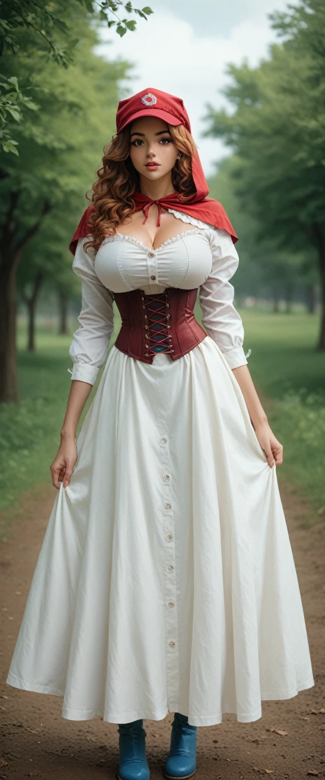 A tall average beautiful girl with a beautiful sexy attractive big breasts long wavy red hair with brown eyes wears a white button-down shirt with a brown corset waist and a long skirt with long blue boots and a white Little Red Riding Hood cap