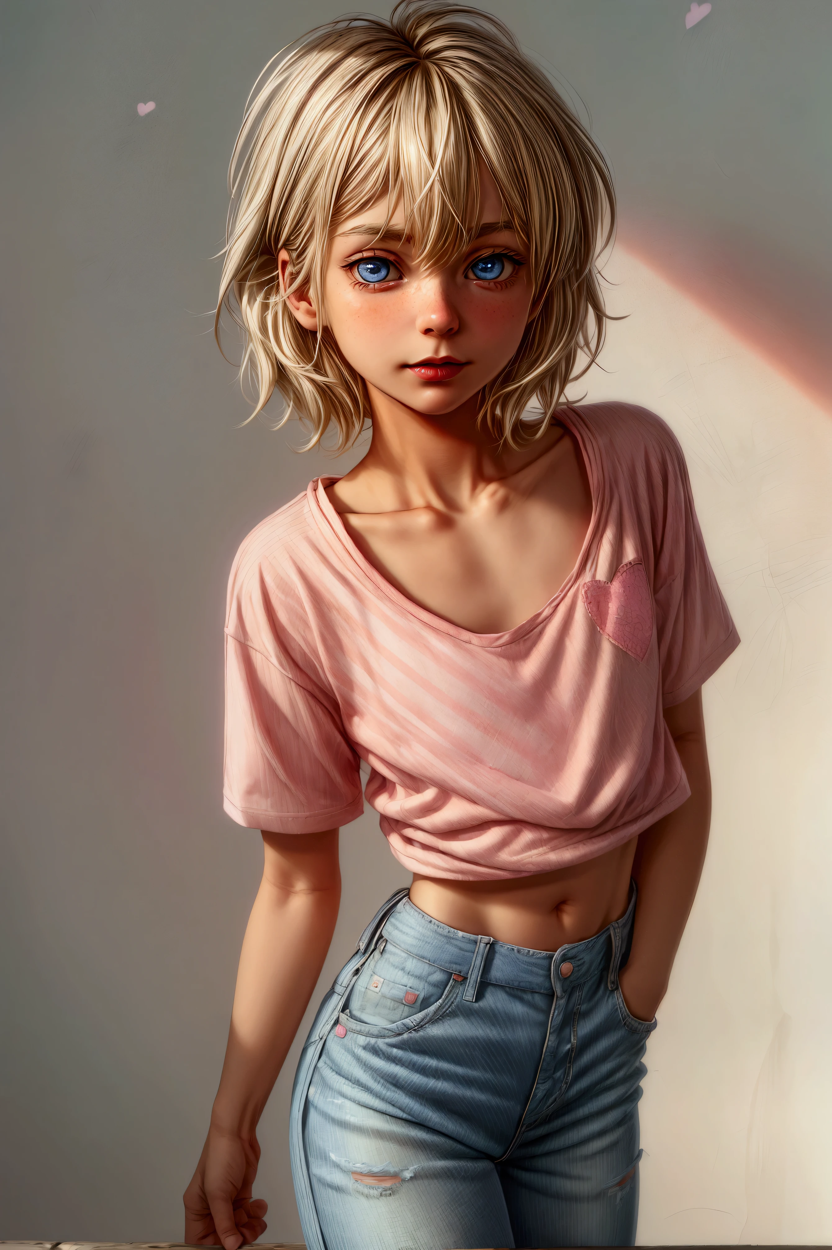 Anime style, Highres, Masterpiece, Best quality at best, Best Quality, hight quality, hight detailed, 1boy, (), blonde boy, boy face, boy body, cute boy, femboy, detailed light blue eyes, short hair, messy hair, bangs, pastel rainbow inner hair color mesh, shy smile, boy flirty posing, wears a pink and white striped wears a pink and white striped short sleeve cropped T-shirt, (no breast), bare arms, smooth tummy, dark blue denim high waist skinny jeans, (pink hearts embroidered on jeans), (belted jeans), pink glitter belt, (tiny bulge on jeans), boy body, boy waist, Standing, sunny afternoon at park, highest quality,