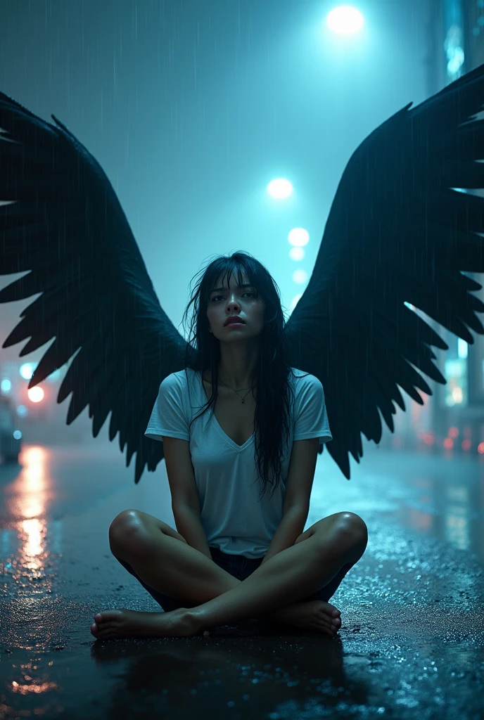 ((((looking camera)))) (((Full body photo of sexy woman with huge wings sitting on the streets with smoke and fog, on fire under the pouring rain at night, on the other side of the city, illuminated by the city lights and with his whole body wet))). feeling cold. It captures the intensity of the rain falling on the woman as she runs. Focus on the woman's facial expression, Showing determination despite the rain. It creates a contrast between the darkness of the night and the city lights that surround it. Make sure the woman's white T-shirt is soaked and stuck to her body. Use lighting techniques to highlight raindrops in the air and on women's clothing. Make wet streets reflect city lights to create a cinematic atmosphere. The perspective should be from a low angle to emphasize women's vulnerability in the rain... Add flare to city lights to create a bokeh effect in the background. Use cool colors and blue tones to convey the feeling of cold in the image.