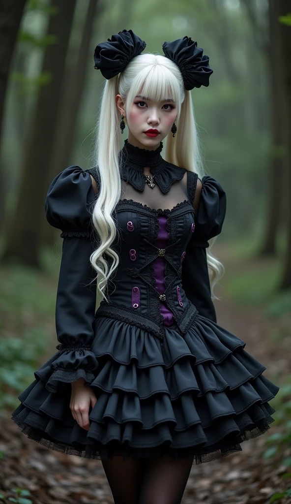 The best quality, soft light, ultra-high-resolution, (photorealistic:1.4), Photo of a cute gothic girl,Full body shot, blonde, grey eyes, 25-years old, goth clothes, pale-skin, Goth makeup, (High Resolution Detail of Human Skin Texture), stop in the middle of the forest, at night, bright moon, trees without leaves