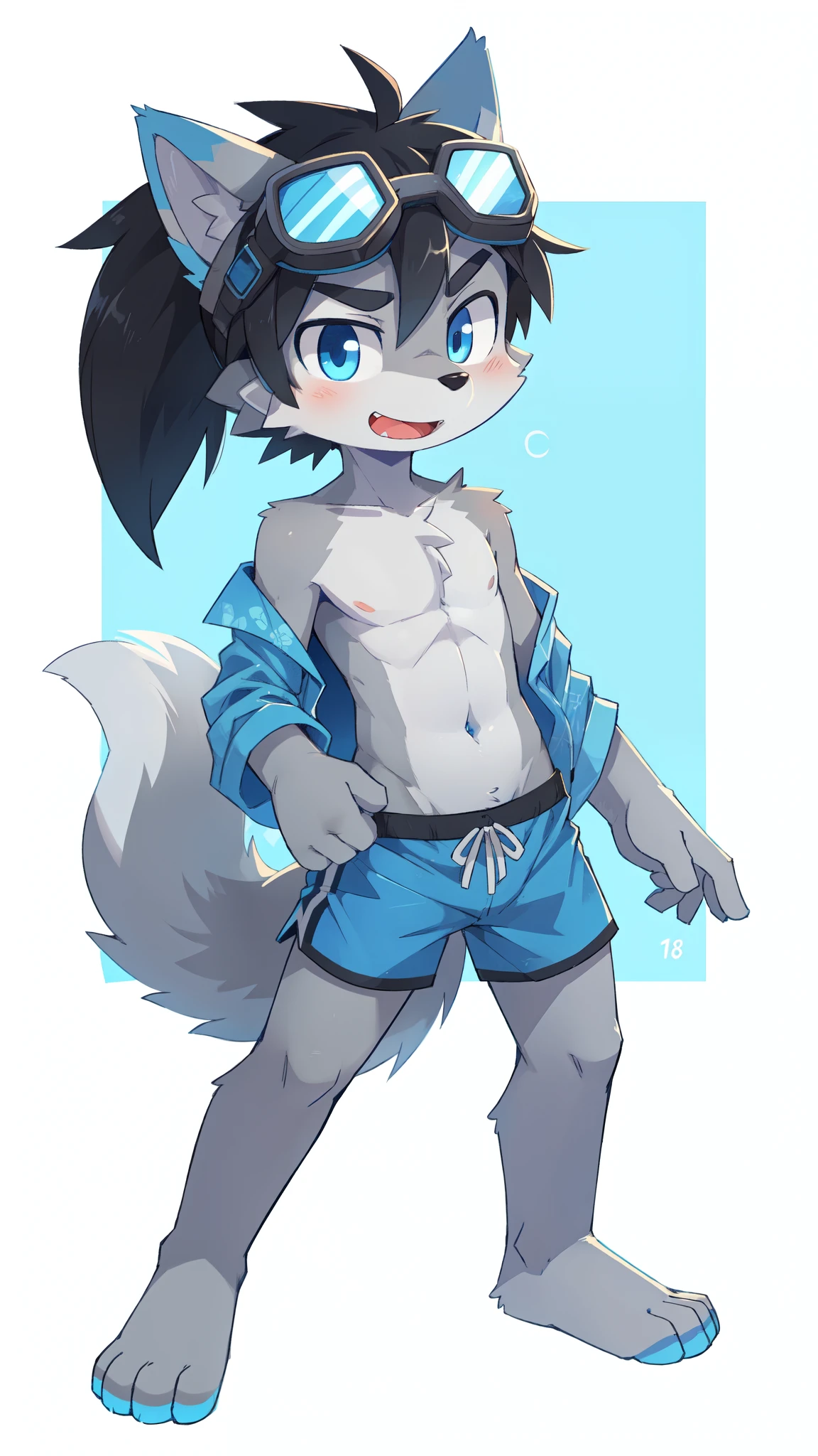 Furry shota, young, wolf, black hair, short spiky ponytail, blue eyes, detailed body fur, ((blue hawaiian shirt, open clothes, canine penis, goggles)), masterpiece, looking at you, fangs, clear grey body fur, detailed face, big eyebrows, detailed eyes, detailed body, detailed body fur, detailed hands, flat body, glistering body, shiny body, skinny, perfect lighting, perfect shadows, perfect eyes, perfect hair, perfect face, gorgeous body, solo, aeghao, tongue out, beach, clear sky, 