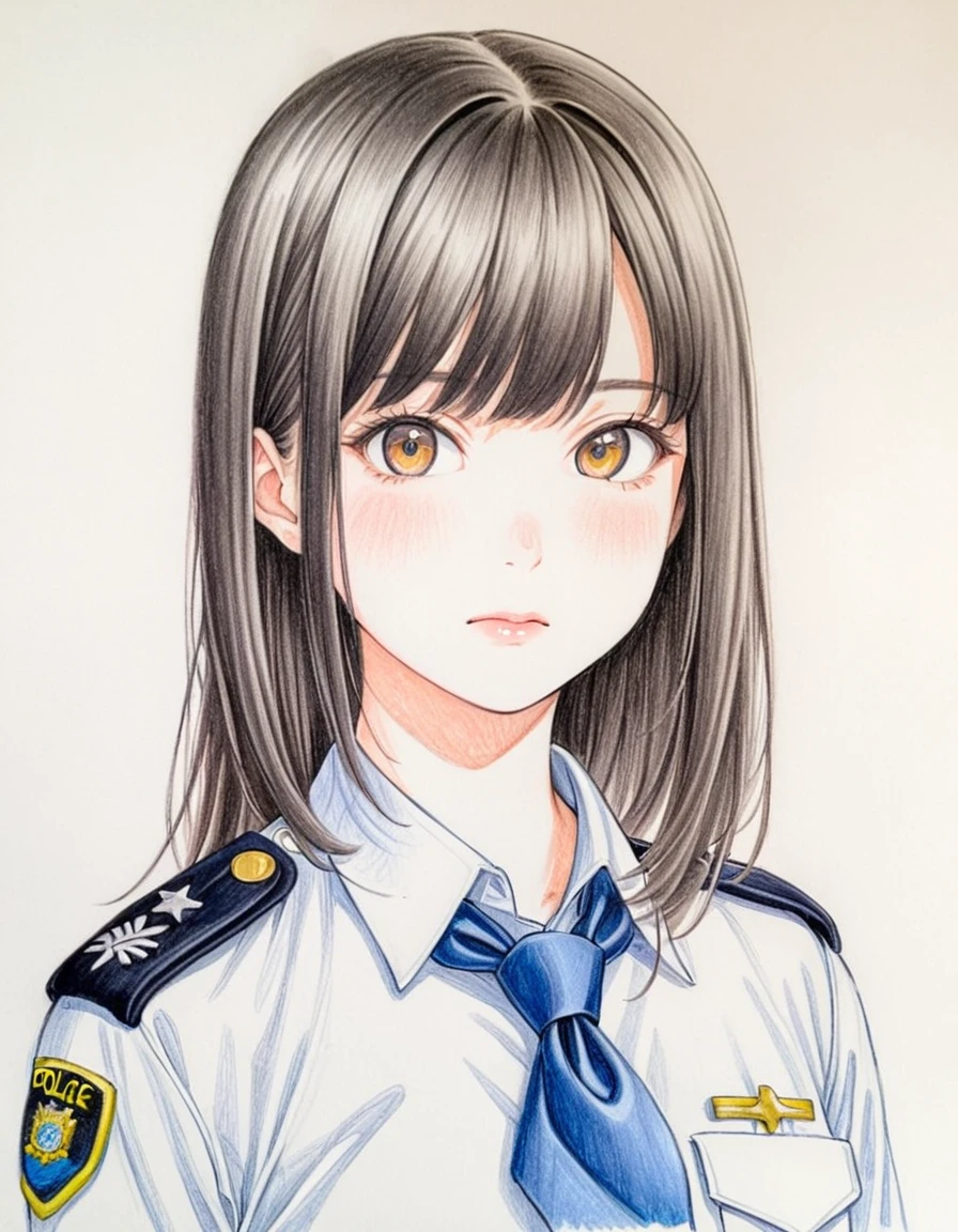 1 female, Age 30, OL,Alone, thin, thin, Small breasts!!!, Straight Hair,, amount, thin, thin, Police uniform, Standing, art, Colored pencil drawing, draft, White background, Portraiture