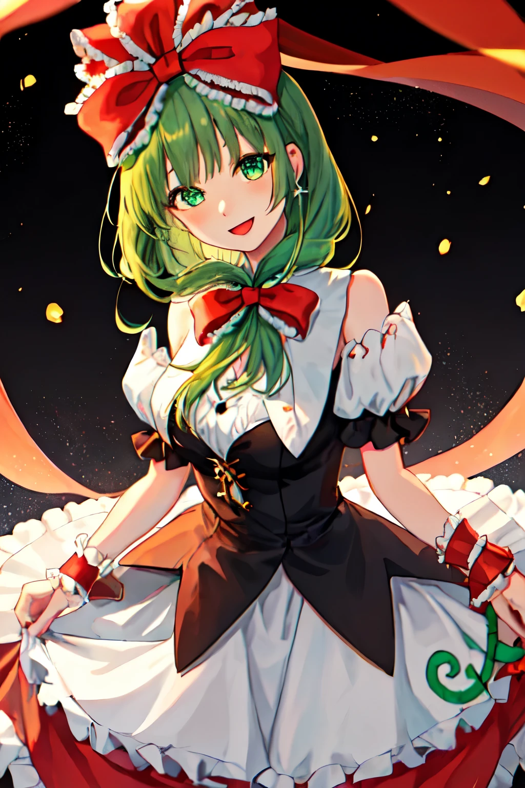 Best Quality, masterpiece, High resolution, Alone, {Kagiyama_Others_East:1.15}, green_hair, bow, ribbonhair_bow, length_hair, hair_ribbonFront_ponytail, green_eye, smile, 前hair, red_ribbon1 girl, Frills, dress, open_mouth, Looking for_in_Viewers