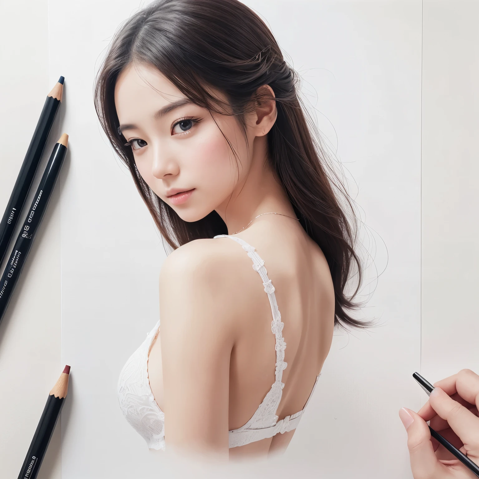 Art Classes、Male and female students modeling nude on pedestal、Easel、Students drawing seriously