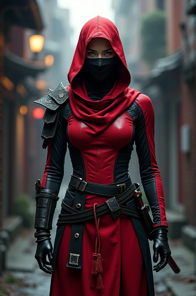 ninja, mechanical, heavy metal, armor, darkness, wielding chained sickle, spikes, long red scarf, standing on top of a skyscraper, best quality, high resolution, 8k, dynamic lighting, rough texture, shadowing 