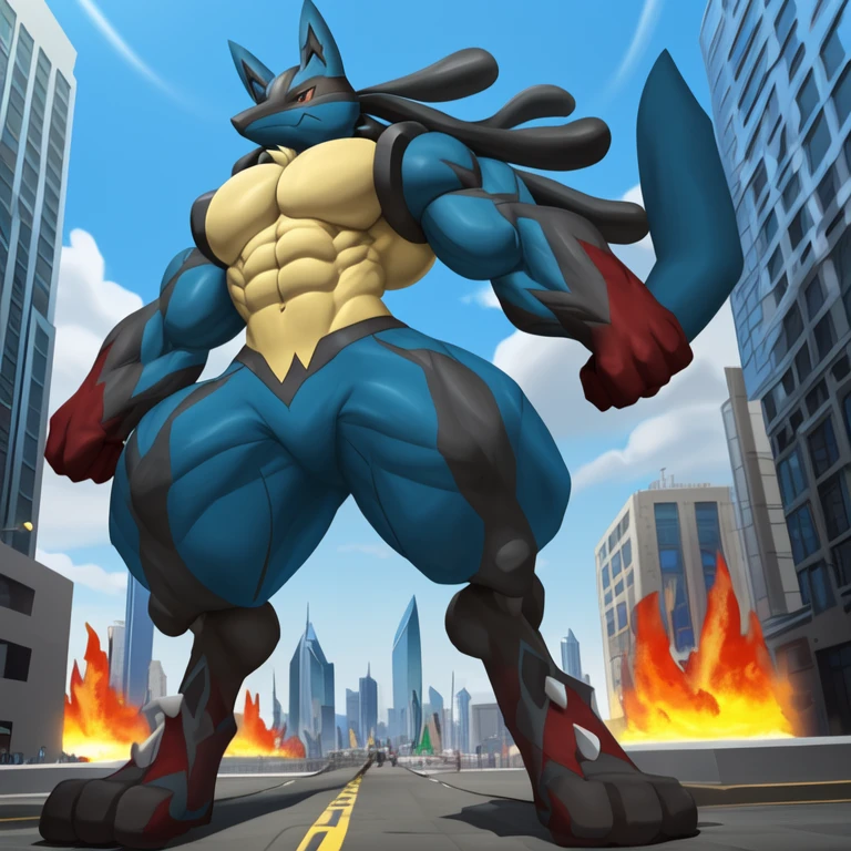 (masterpiece. official art. 8k. best quality. detailed full body. full body.)

(situation 1 : dominating mega_lucario. mega_lucario is over 1000 meters long. focus GIANT mechanical Muscular mega_lucario is trampling the city. Looking down. macro. stomp. Low-angle perspective. emphasizing the immense size.)

(situation 2 :smoke and flames rising from the destruction in the city)

(Additional details 1: (Detailed head. Detailed Body. Detailed abs. gigantic muscles. HYPER MUSCLES. Gigachad Muscular. big muscle. pecs. triceps. traps. unusually developed muscular body. body full of huge muscles. showing off muscles. pectorales enormes. Exaggeratedly huge muscles. huge muscles. long legs.). (Mega Lucario, Mega_Lucario, MegaLucario)
