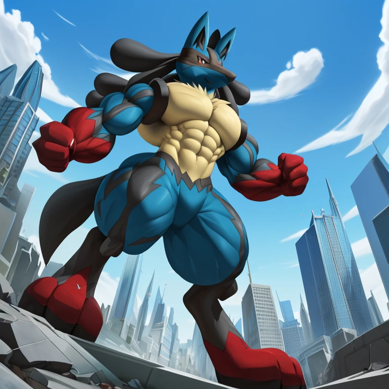 (masterpiece. official art. 8k. best quality. detailed full body. full body.)

(situation 1 : dominating mega_lucario. mega_lucario is over 1000 meters long. focus GIANT mechanical Muscular mega_lucario is trampling the city. Looking down. macro. stomp. Low-angle perspective. emphasizing the immense size.)

(situation 2 :smoke and flames rising from the destruction in the city)

(Additional details 1: (Detailed head. Detailed Body. Detailed abs. gigantic muscles. HYPER MUSCLES. Gigachad Muscular. big muscle. pecs. triceps. traps. unusually developed muscular body. body full of huge muscles. showing off muscles. pectorales enormes. Exaggeratedly huge muscles. huge muscles. long legs.). (Mega Lucario, Mega_Lucario, MegaLucario)
