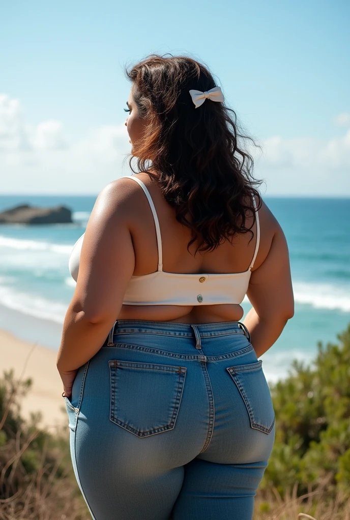 Chubby curvy model viewed from behind, wearing a short bikini, standing on the beach with waves in the background, contrast highlighting curves, golden hour lighting, sand grains visible, shells and seagrass at her feet, digital painting, ultra realistic, dramatic lighting.