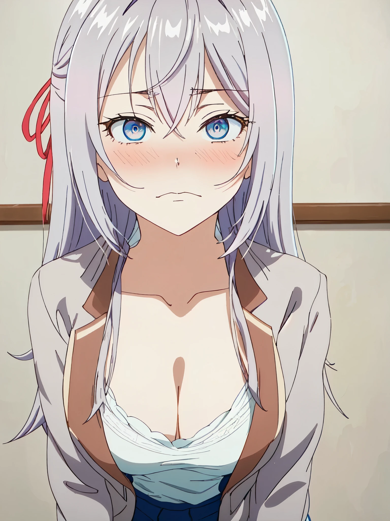 (((masterpiece、Best Quality、High resolution、High precision)、anime))、Silver Hair、Beautiful normal sized breasts、(Dynamic pose)、Looking at the camera、(Beautiful detailed face、Beautiful big eyes)、((One beautiful woman))、((Embarrassed face))、Red cheeks、(((Blushing with a bitchy expression)))、Blue Eyes、Long Hair、Solo portrayal、Wear a grey blazer、Wear a navy blue skirt、Indoor standing portrait