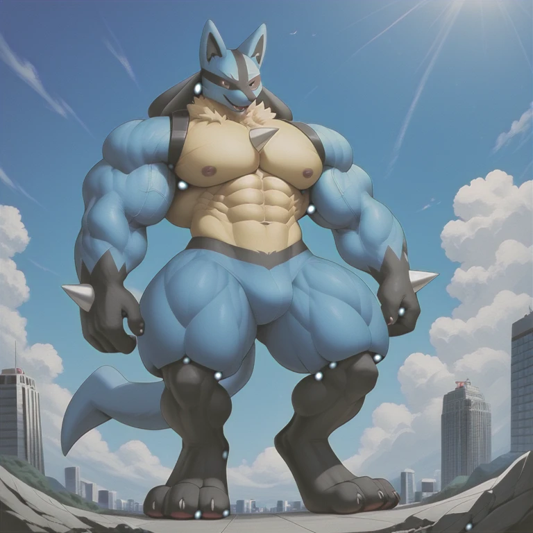 (masterpiece. official art. 8k. best quality. detailed full body. full body.)

(situation 1 : dominating mega_lucario. mega_lucario is over 1000 meters long. focus GIANT mechanical Muscular mega_lucario is trampling the city. Looking down. macro. stomp. Low-angle perspective. emphasizing the immense size.)

(situation 2 :smoke and flames rising from the destruction in the city)

(Additional details 1: (Detailed head. Detailed Body. Detailed abs. gigantic muscles. HYPER MUSCLES. Gigachad Muscular. big muscle. pecs. triceps. traps. unusually developed muscular body. body full of huge muscles. showing off muscles. pectorales enormes. Exaggeratedly huge muscles. huge muscles. long legs.). (Mega Lucario, Mega_Lucario, MegaLucario)
