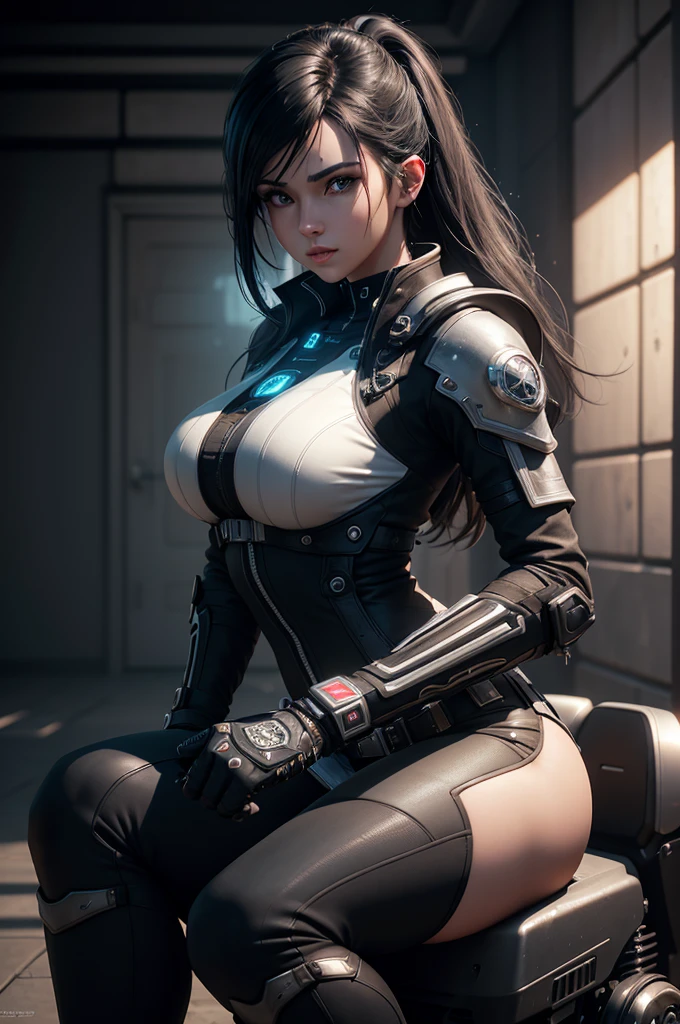 top-quality、Top image quality、​masterpiece、Mecha Girl((18year old、Black and gray mechanical parts、Robot joints,Black tights,Bust 100、A dark-haired、Staring at the viewer、Breasts wide open,Large valleys、、Blue Eye、Dye cheeks、fighting poses)）hiquality、depth of fields、Background with((World of the Apocalypse、Black sky))、Depth((planet earth)), 70% nude , nsfw