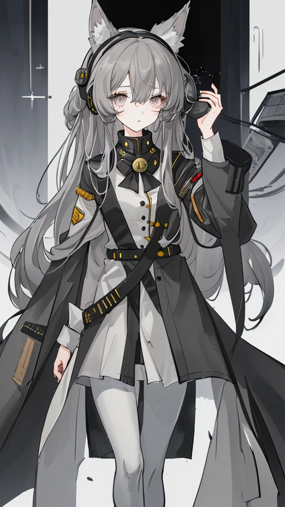 nervous，gray long hair，Dark Eyes，gray military uniform，animal ears, bell，coin，High resolution, goggles, 