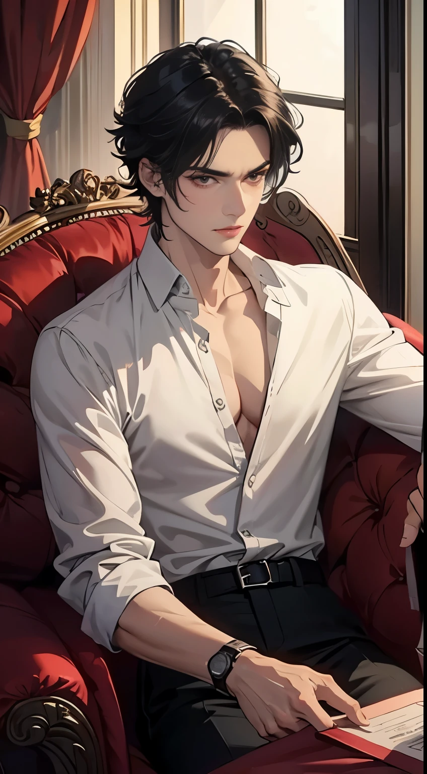 absurdres, highres, ultra detailed, HDR, master piece, best quality, perfect face, Wriothesley, black hair, expressive blue eyes, Genshin Impact, solo, sexy man, handsome, toned chest, showing the chest, horny, sensual, erotic, black shirt, red necktie, black boxers, sitting on a couch, flowers, petals, room