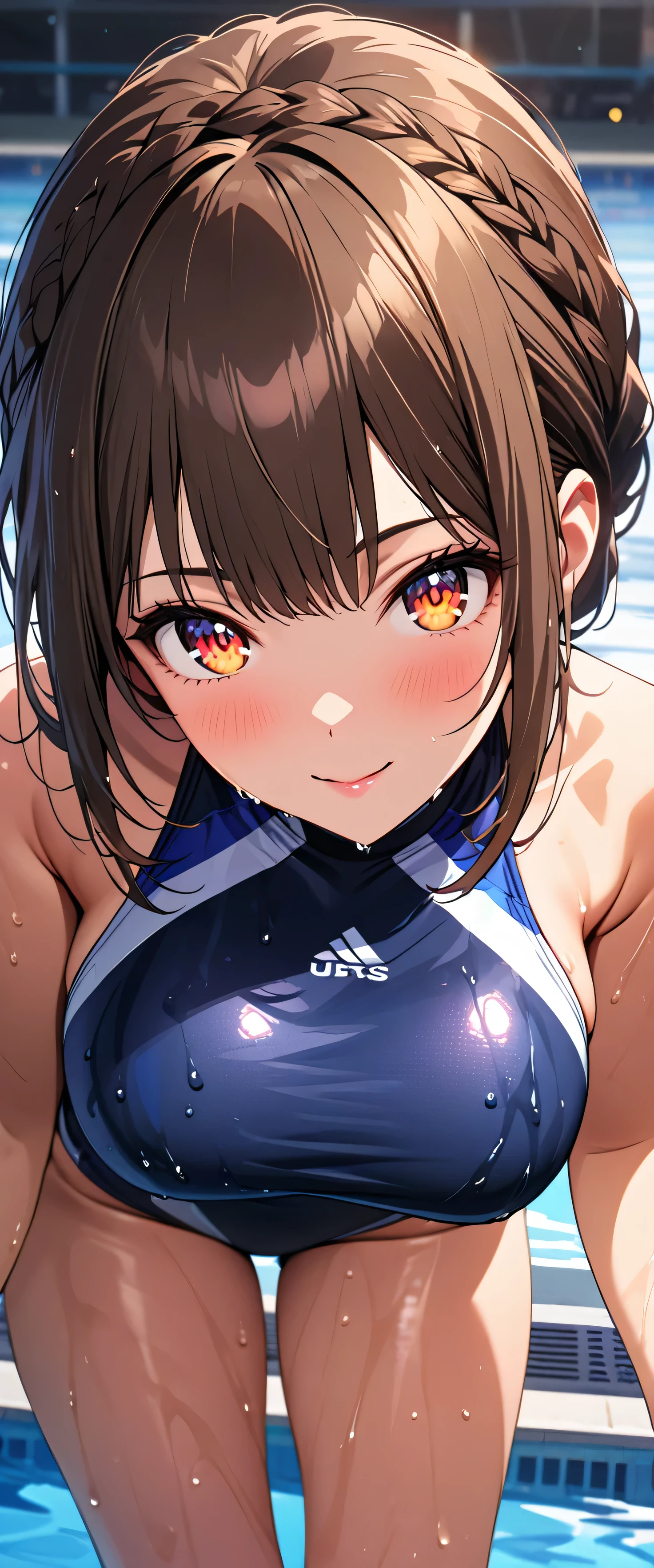 (beautiful girl: 1.3),1girl,masterpiece, Highest quality, Ultra-high resolution,rich contrast,super high quality,8k,Highly detailed CG unit wallpaper,texture,Incredibly absurd,Ultra-high resolution,RAW Photos,Depth of Field 1.2,(Crown braid,Brown Hair),Ultra-detailed eyes,Glowing Skin,(((wet))),Glitter effect,Beautiful glossy lips,(Large Breasts),(Navy＆High Leg Cut Racing Swimwear:1.5),Short sleeve,Pool,Leaning forward,bowing,A light smile