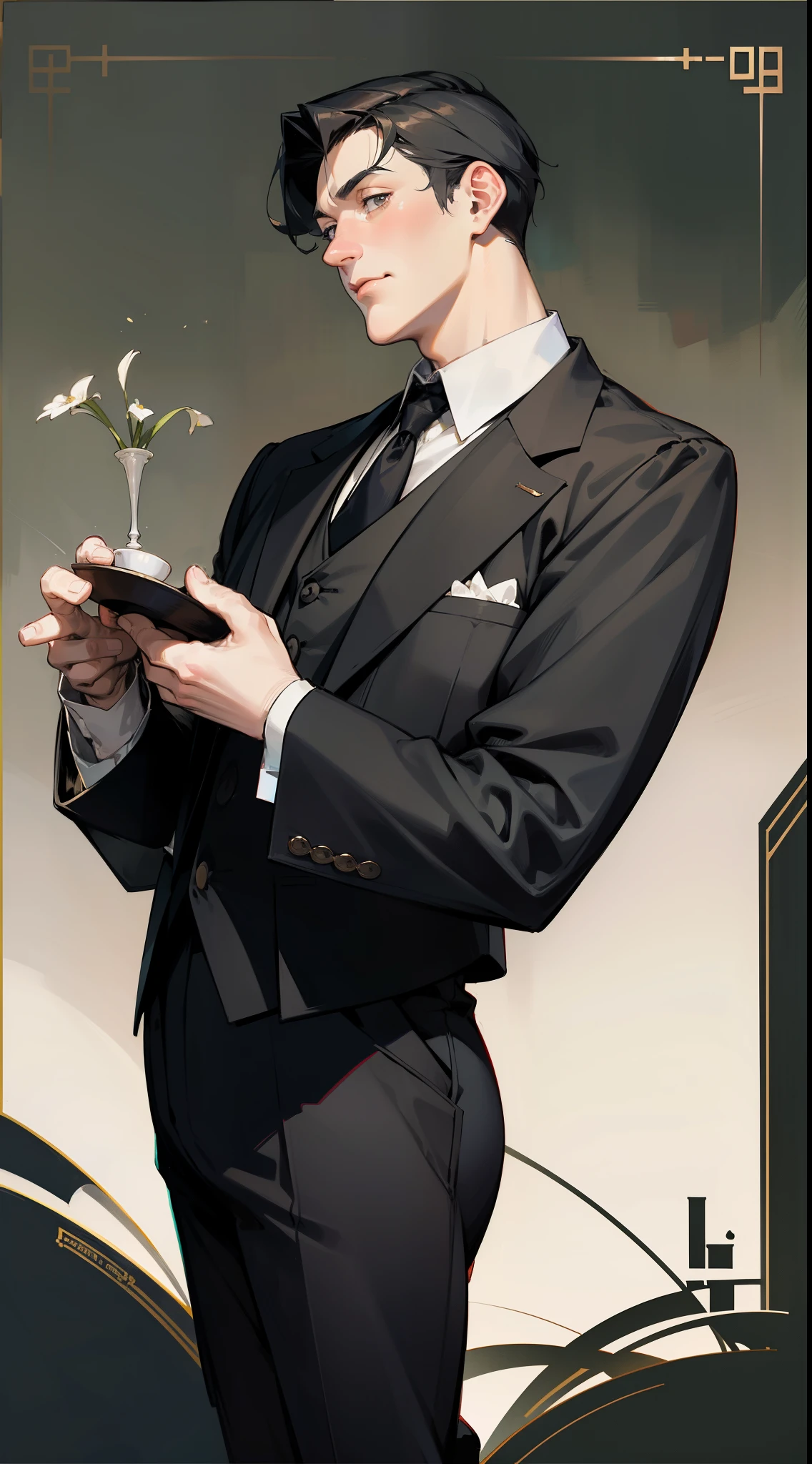 ((best quality, masterpiece)), john singer sargent anime illustration, 1man, 40 years old, tall, full-figured body, fat, very handsome, mature male, solo, soft romantic expression, black butler uniform with a black necktie, tidy black hair slicked back, gray eyes, crooked nose, large soft chin, holding a tea tray, Jeeves, young Stephen Fry portraying Jeeves, 1920s fancy background, perfect hands, looking up