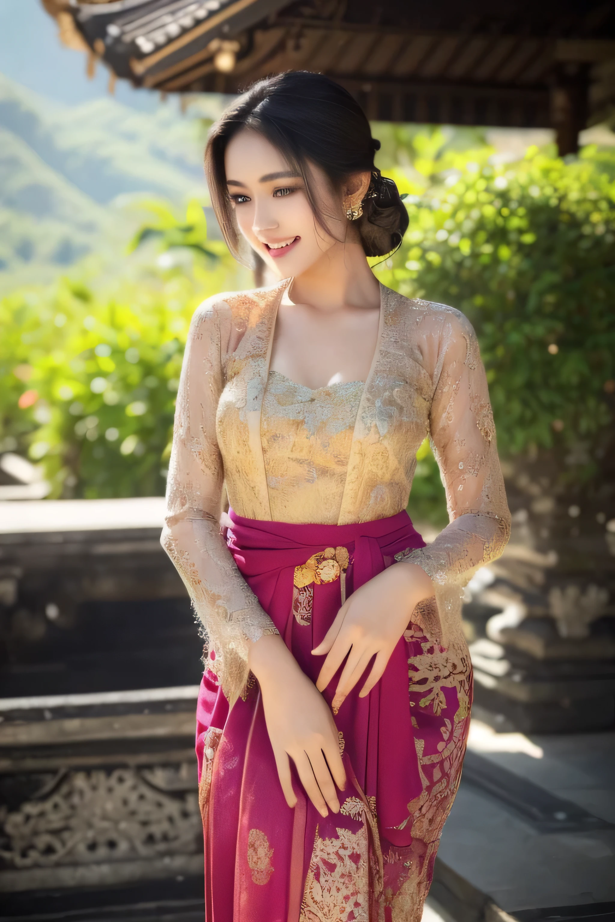 (Best quality, high resolution, Masterpiece: 1.3), a beautiful woman with a slender figure, (dark brown layered hairstyle), wearing a pendant, ((kebaya_bali)) outdoors, scenic beauty, lakes and mountains in distant background, details in face and skin texture beautifully rendered, details eyes, (best quality, high resolution, masterpiece: 1.3), a beautiful woman with a slim figure, (dark brown layered hairstyle),((kebaya_bali)), outdoors, background random, details in face and skin texture beautifully rendered, detail eyes, double eyelids, seductive laugh, feminine laugh, seductive pose