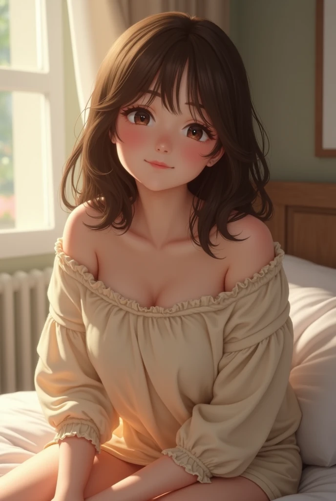 Cute teen girl adorable and sweet. Unkempt hair as she sits on her bed. A NEET. Adorable and alluring hot and curvaceous anime babe sparsely clothed in a highly revealing oversized sweater downblouse view of breasts mona Lisa smile 