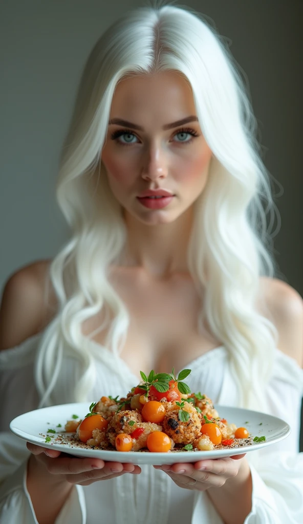 A woman with long white hair and ruby red eyes,Sit down to eat desert and drink wine