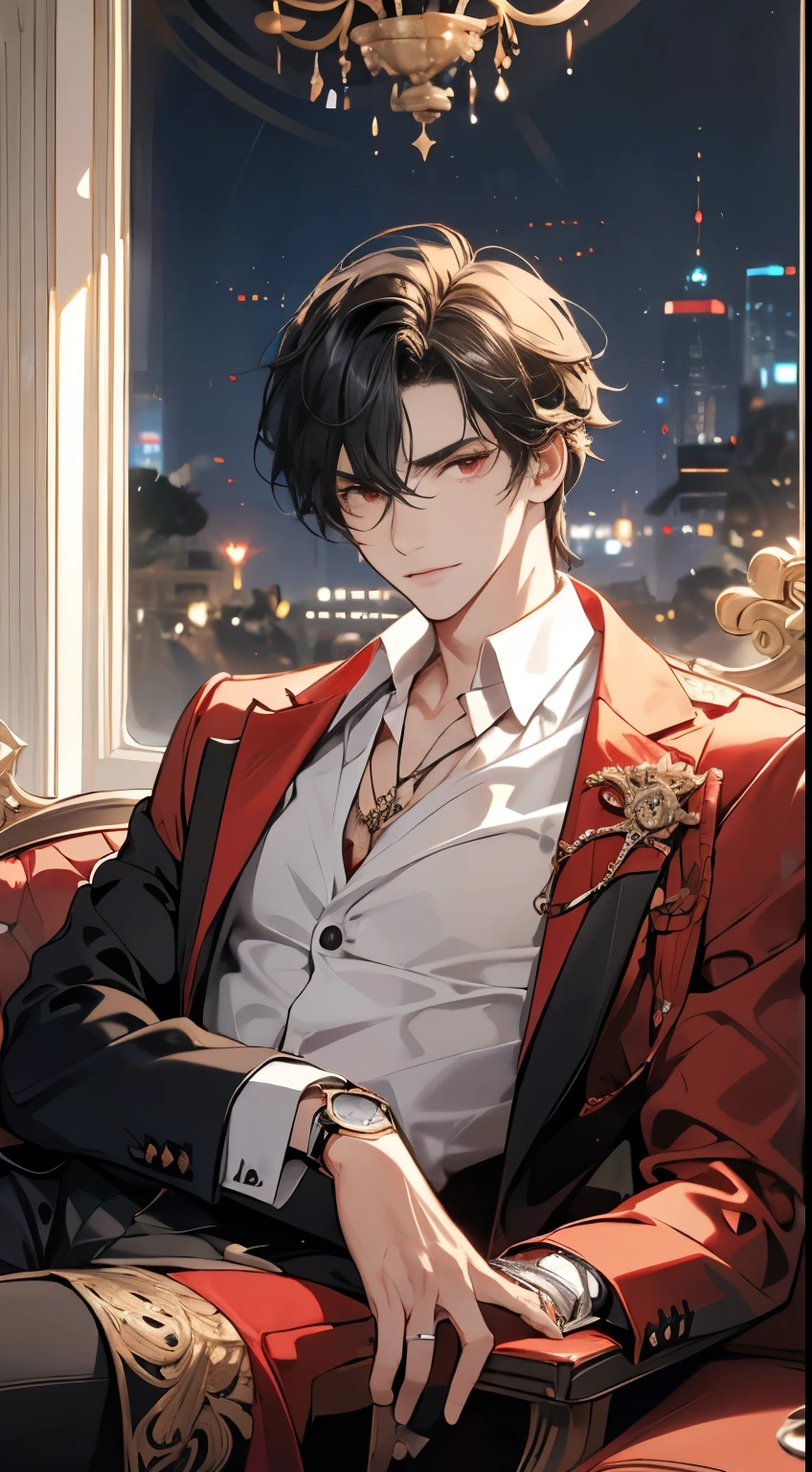 A handsome man sitting on a luxurious sofa in a luxurious living room, short black hair, forehead hair, red eyes, palace, unbuttoning his shirt, burly, perfect body, holding paper with one hand, wrist watch, moonlight outside the window, dark, villain atmosphere, cold, serious, fantasy, do not look at viewer, alone, , messy hair, medium large shoot, sweat, upper body, evening