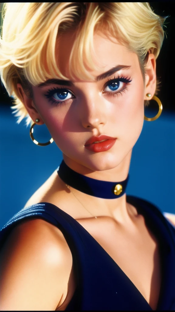 Realistic Sailor uranus, short blonde hair, piercing blue eyes, japanese beauty face
Analog style, vhs style,chromatic aberration, 1980s style film by Jean Giraud