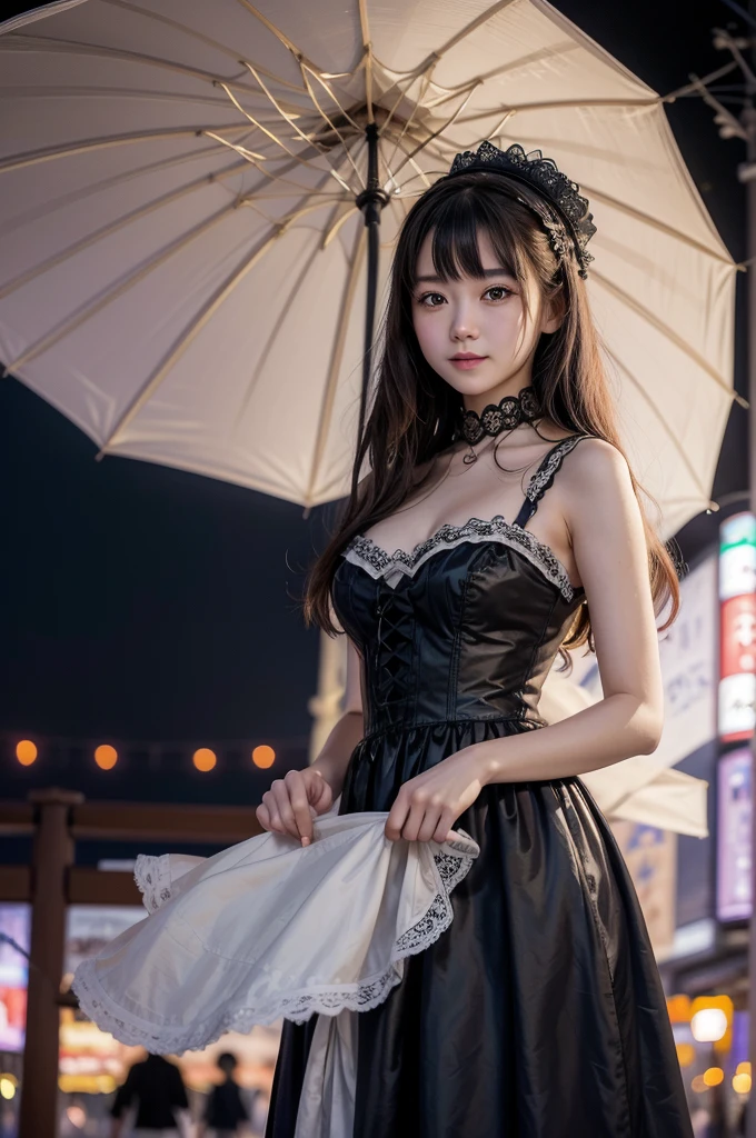 A woman holding a parasol stands on top of a hill、Gothic Dress、青空と雲1 person, Highest quality, masterpiece, Ultra-high resolution, (Realistic:1.4), RAW Photos, 1 person, Cinema Lighting,((Highest quality、masterpiece、8k、Best image quality、Ultra-high resolution、Award-winning works)、(Accurate anatomy:1.1)、Highly detailed face、Attention to detail、double eyelid、Sharp focus:1.2、Beautiful woman:1.4、Highest quality、masterpiece、Ultra-high resolution、(Realistic:1.4)、Highly detailed and professionally lit smiles、Serious expression、Two Arms, Complete Hそして, Beautiful body, Beautiful fingers, Normal finger, Five Fingers, Five Fingers, (Thumb Index Finger Ring Finger), Beautiful ears、 Normal ear, Beautiful Eyes, Shining Eyes, Beautiful mouth, Beautiful Lips,